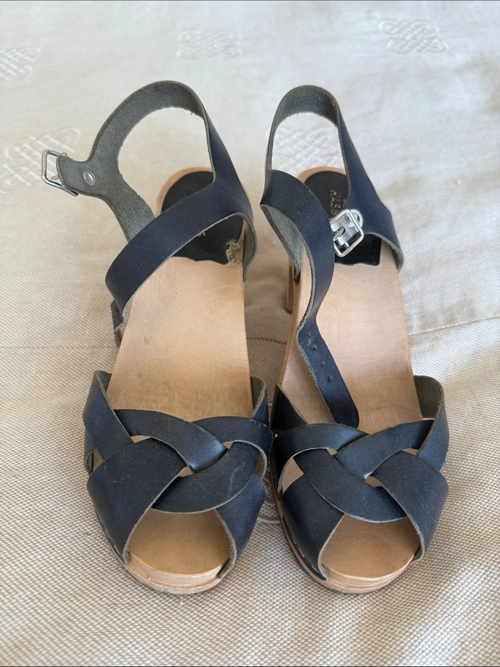 Swedish Hasbeens Black Leather Knotted Wedge Sandals